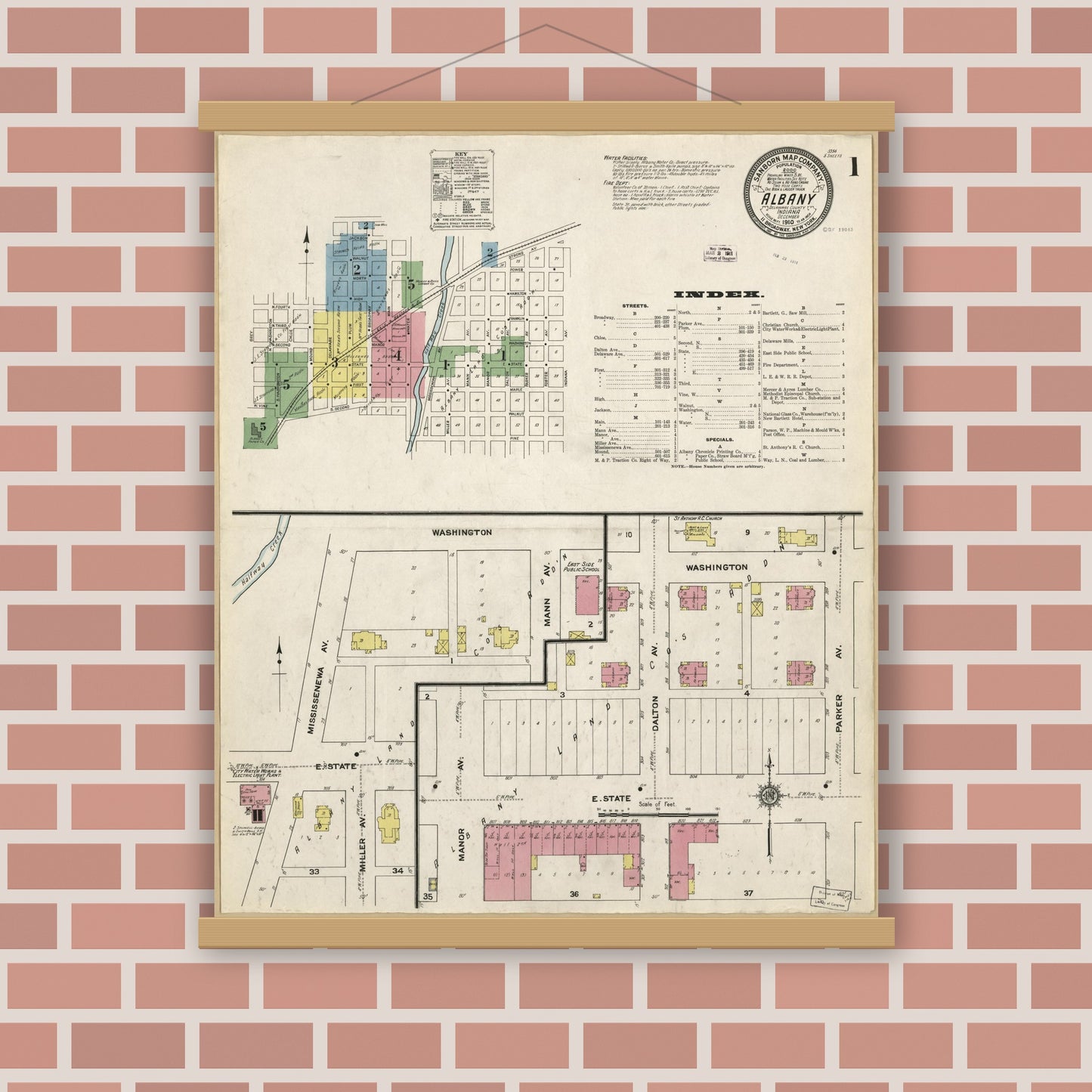 Old map wall art mockup — magnetic wood frame on brick wall — Sanborn Fire Insurance Map from Albany, Delaware County, Indiana (1910), Sheet #0001