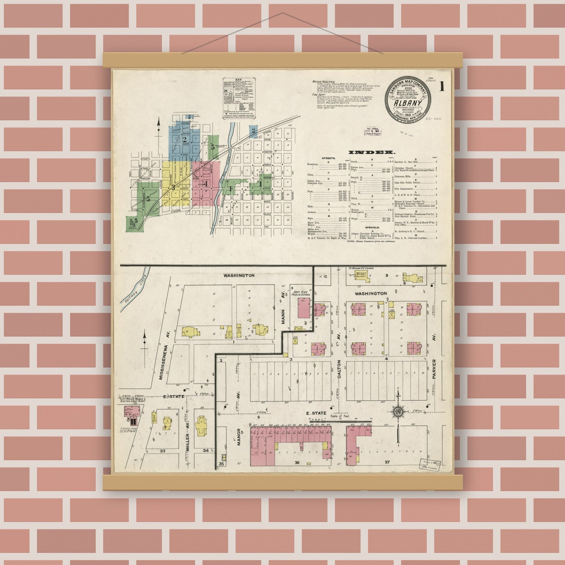Old map wall art mockup — magnetic wood frame on brick wall — Sanborn Fire Insurance Map from Albany, Delaware County, Indiana (1910), Sheet #0001