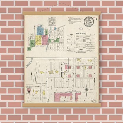 Old map wall art mockup — magnetic wood frame on brick wall — Sanborn Fire Insurance Map from Albany, Delaware County, Indiana (1910), Sheet #0001