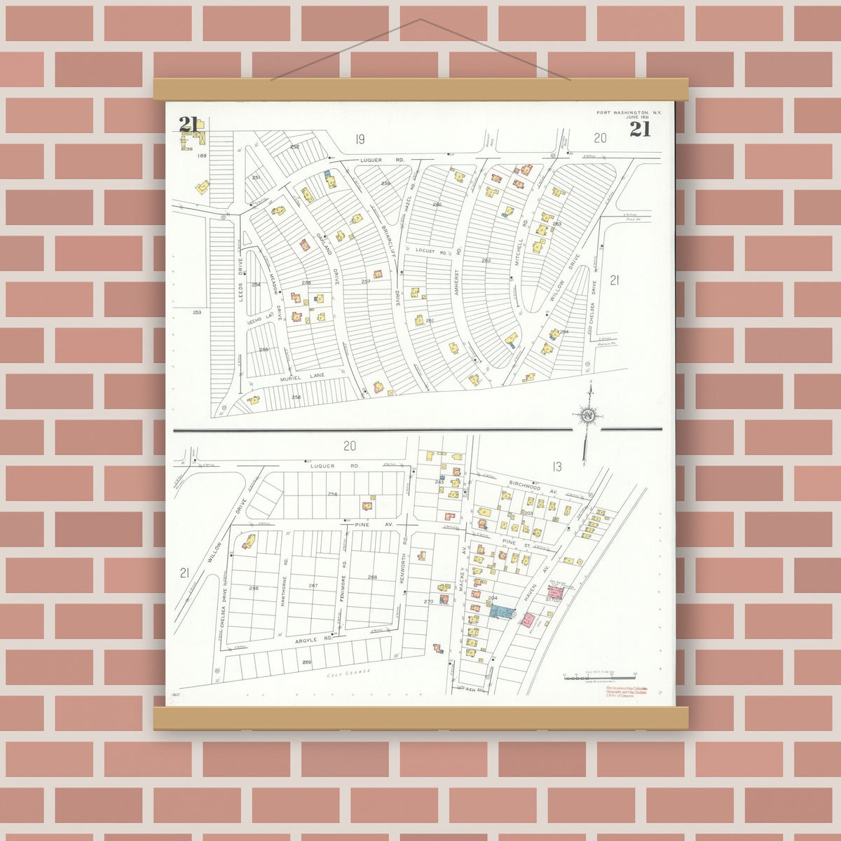 Old map wall art mockup — magnetic wood frame on brick wall — Sanborn Fire Insurance Map from Port Washington, Nassau County, New York (1931), Sheet #0021