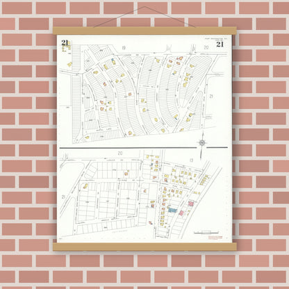 Old map wall art mockup — magnetic wood frame on brick wall — Sanborn Fire Insurance Map from Port Washington, Nassau County, New York (1931), Sheet #0021
