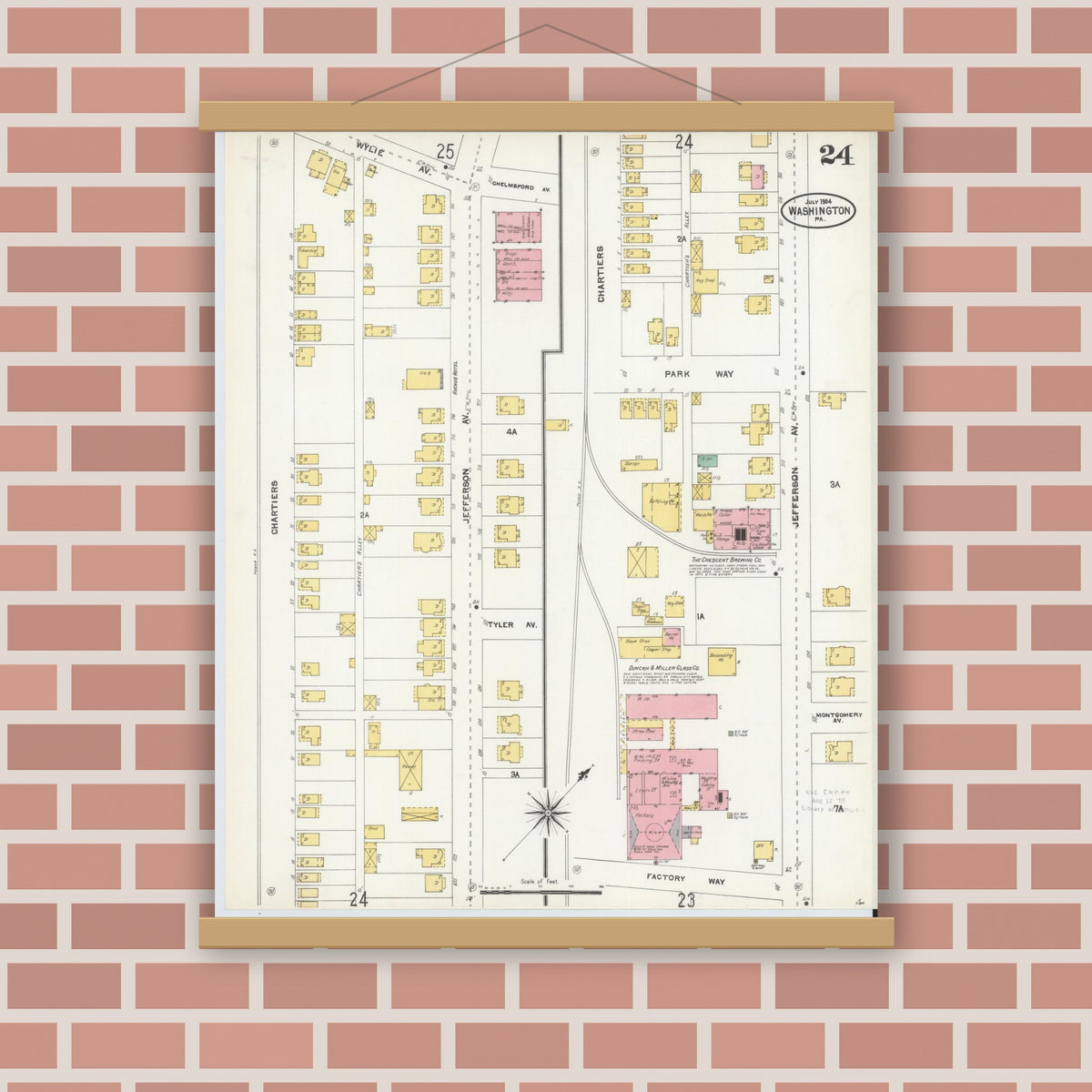 Old map wall art mockup — magnetic wood frame on brick wall — Sanborn Fire Insurance Map from Washington, Washington County, Pennsylvania (1904), Sheet #0024