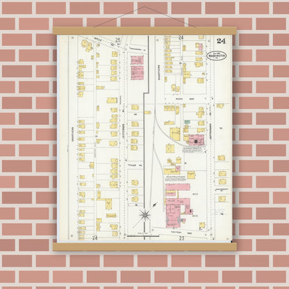 Old map wall art mockup — magnetic wood frame on brick wall — Sanborn Fire Insurance Map from Washington, Washington County, Pennsylvania (1904), Sheet #0024