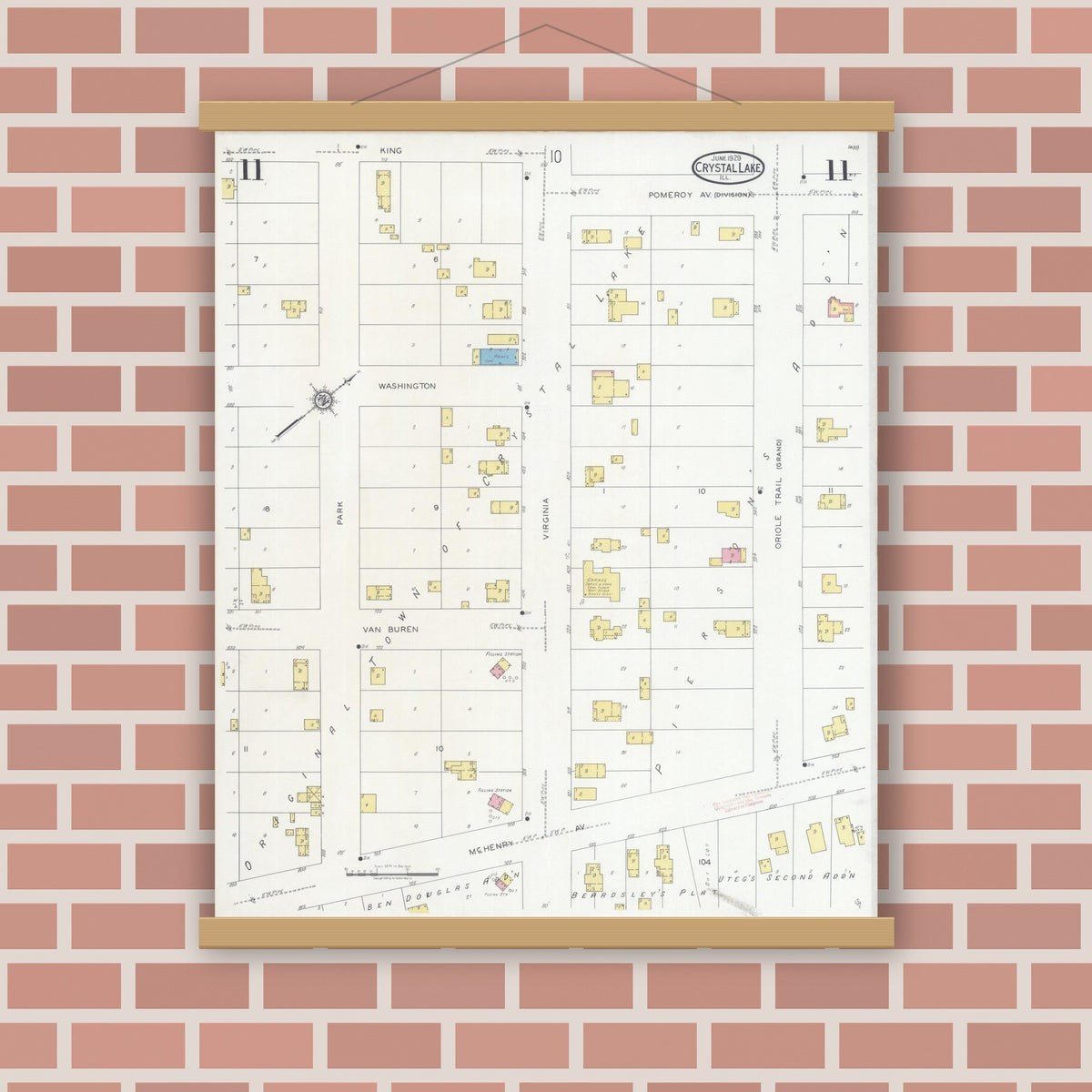Old map wall art mockup — magnetic wood frame on brick wall — Sanborn Fire Insurance Map from Crystal Lake, McHenry County, Illinois (1929), Sheet #0011