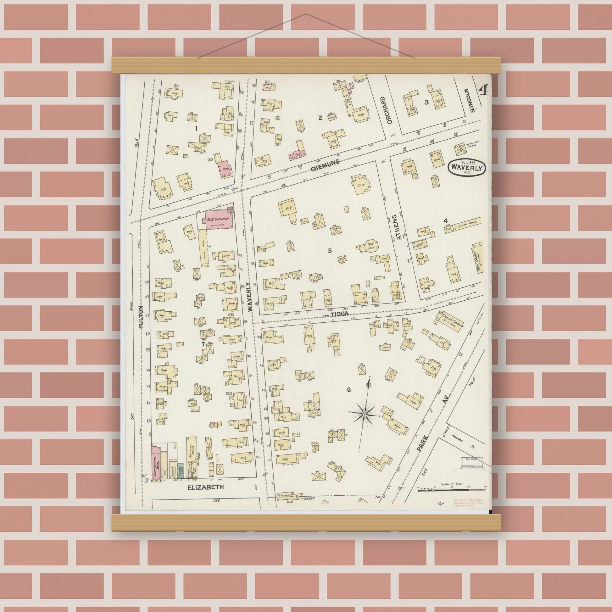Old map wall art mockup — magnetic wood frame on brick wall — Sanborn Fire Insurance Map from Waverly, Tioga County, New York (1888), Sheet #0004