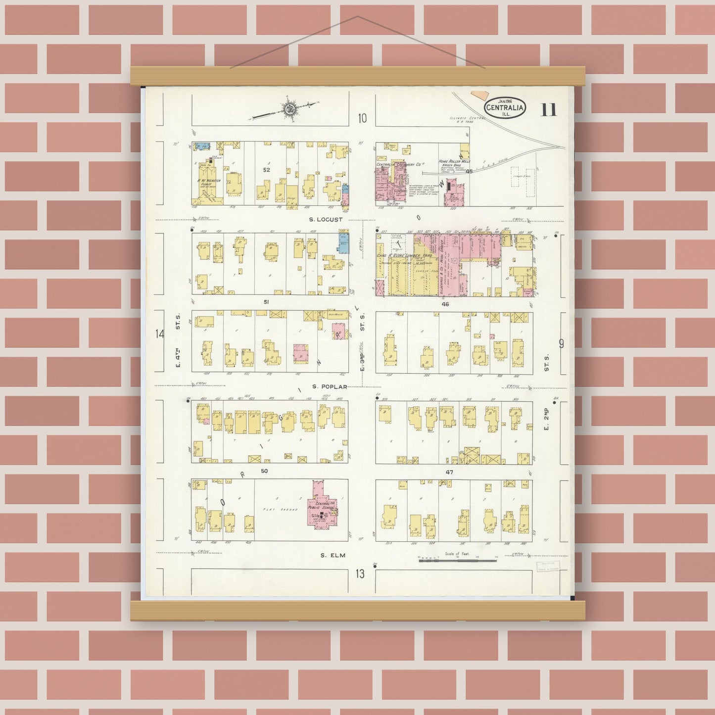 Old map wall art mockup — magnetic wood frame on brick wall — Sanborn Fire Insurance Map from Centralia, Marion, Clinton, Jefferson, and Washington Counties, Illinois (1916), Sheet #0011