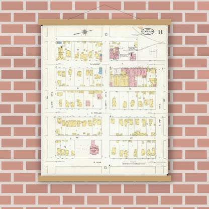 Old map wall art mockup — magnetic wood frame on brick wall — Sanborn Fire Insurance Map from Centralia, Marion, Clinton, Jefferson, and Washington Counties, Illinois (1916), Sheet #0011