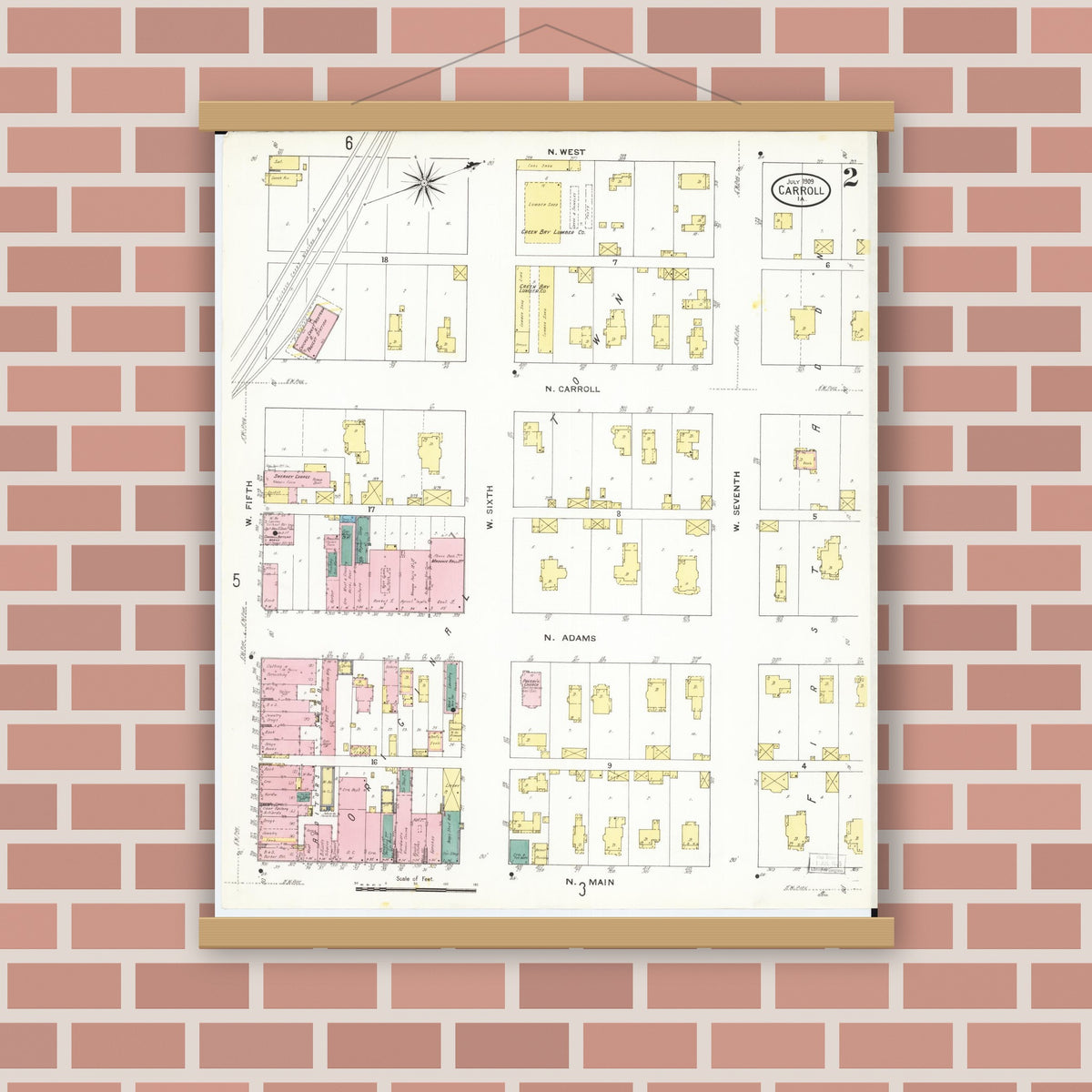 Old map wall art mockup — magnetic wood frame on brick wall — Sanborn Fire Insurance Map from Carroll, Carroll County, Iowa (1909), Sheet #0002