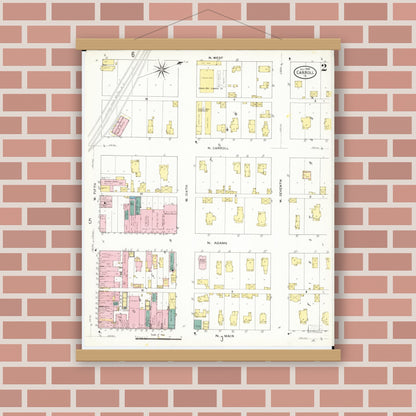 Old map wall art mockup — magnetic wood frame on brick wall — Sanborn Fire Insurance Map from Carroll, Carroll County, Iowa (1909), Sheet #0002