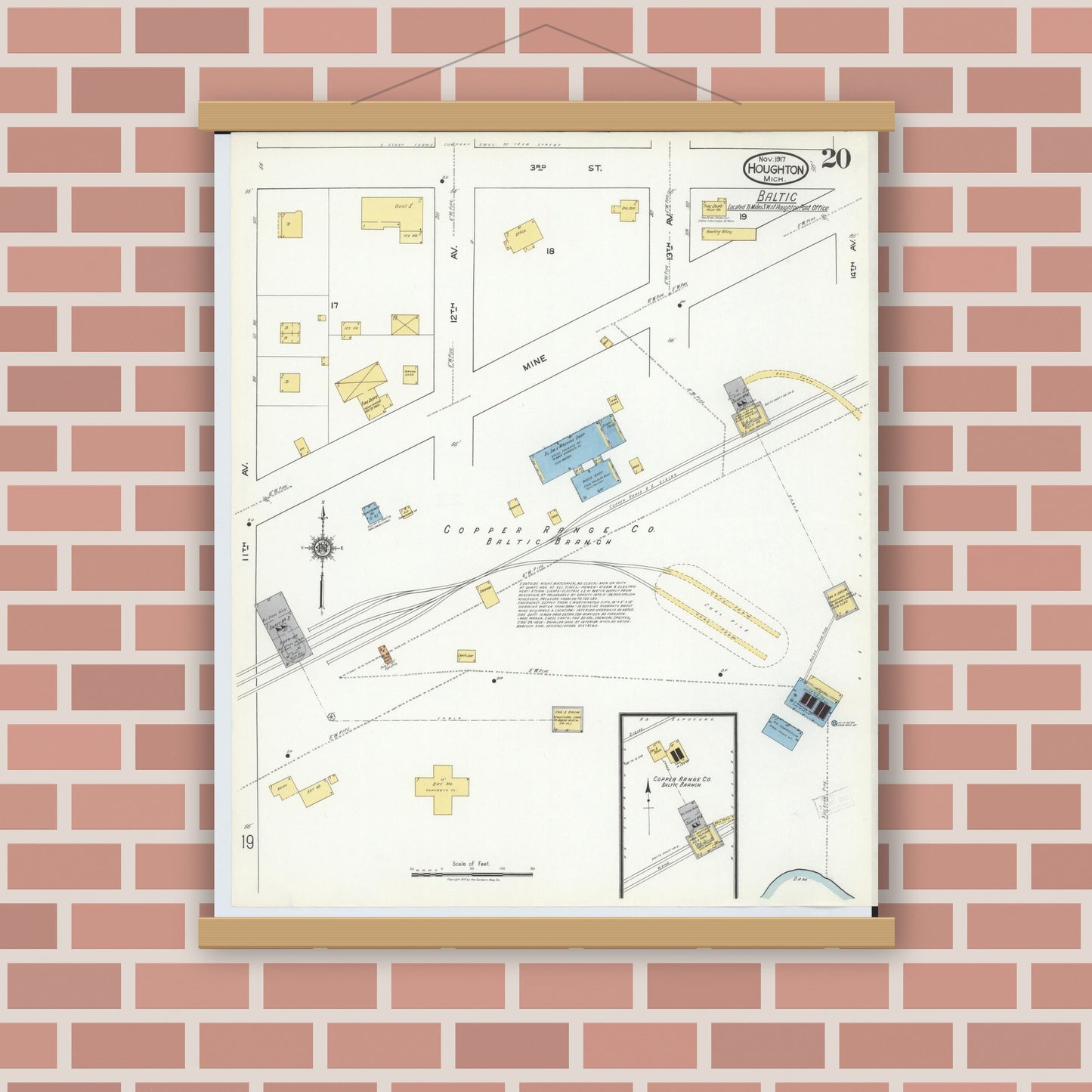 Old map wall art mockup — magnetic wood frame on brick wall — Sanborn Fire Insurance Map from Houghton, Houghton County, Michigan (1917), Sheet #0020