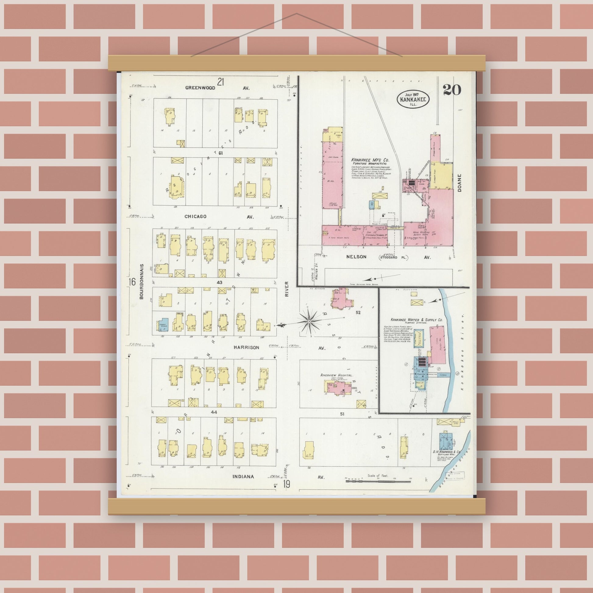 Old map wall art mockup — magnetic wood frame on brick wall — Sanborn Fire Insurance Map from Kankakee, Kankakee County, Illinois (1907), Sheet #0020