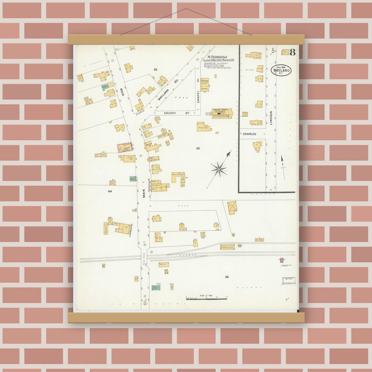 Old map wall art mockup — magnetic wood frame on brick wall — Sanborn Fire Insurance Map from Wayland, Steuben County, New York (1908), Sheet #0008