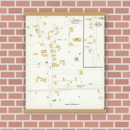 Old map wall art mockup — magnetic wood frame on brick wall — Sanborn Fire Insurance Map from Wayland, Steuben County, New York (1908), Sheet #0008