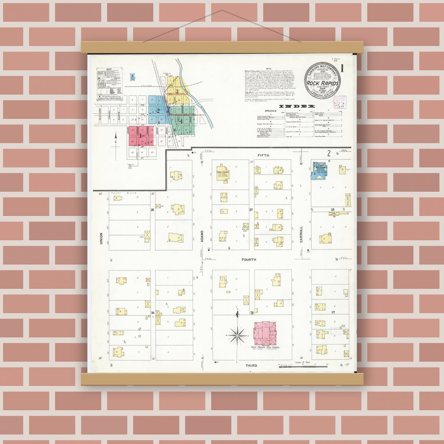Old map wall art mockup — magnetic wood frame on brick wall — Sanborn Fire Insurance Map from Rock Rapids, Lyon County, Iowa (1907), Sheet #0001