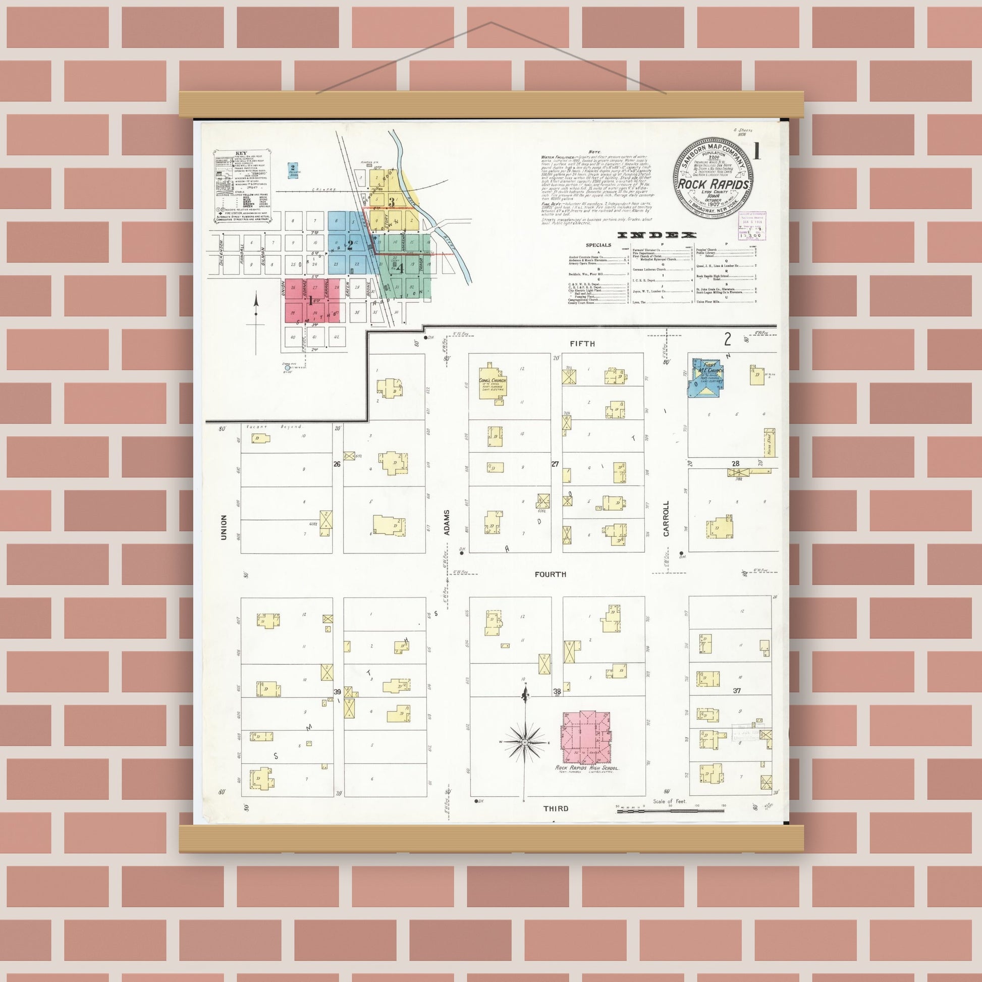 Old map wall art mockup — magnetic wood frame on brick wall — Sanborn Fire Insurance Map from Rock Rapids, Lyon County, Iowa (1907), Sheet #0001
