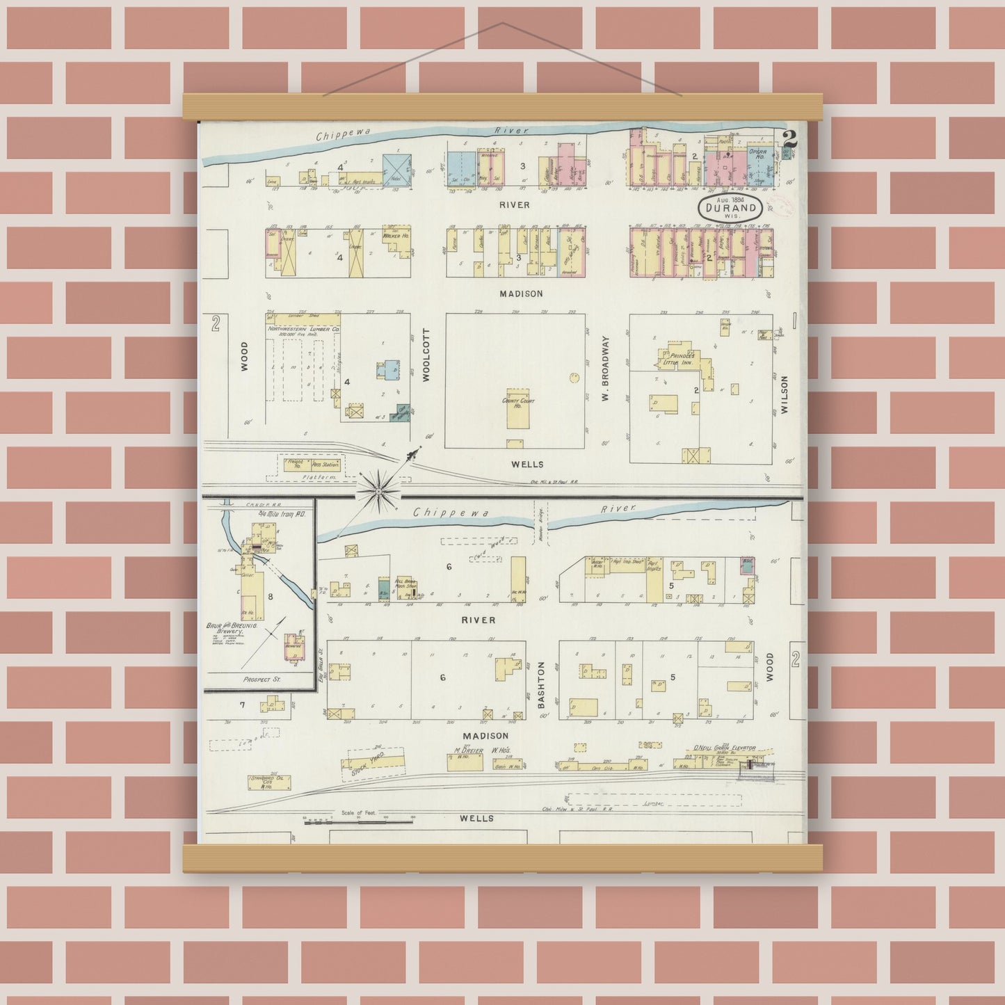 Old map wall art mockup — magnetic wood frame on brick wall — Sanborn Fire Insurance Map from Durand, Pepin County, Wisconsin (1894), Sheet #0002