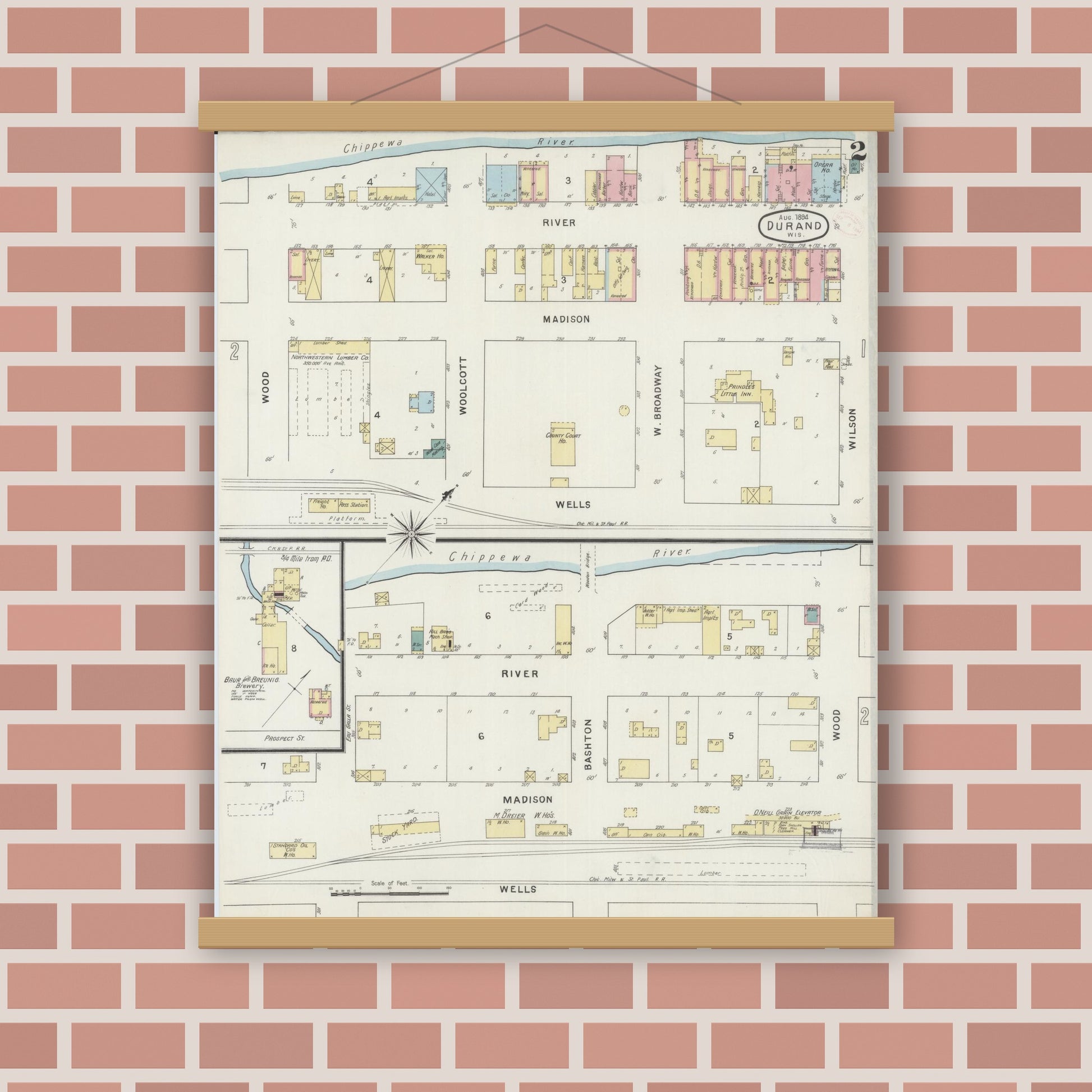 Old map wall art mockup — magnetic wood frame on brick wall — Sanborn Fire Insurance Map from Durand, Pepin County, Wisconsin (1894), Sheet #0002