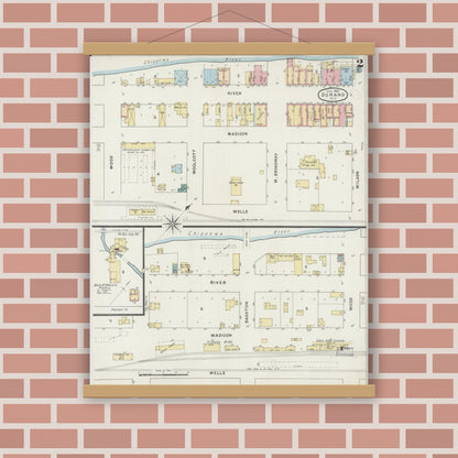Old map wall art mockup — magnetic wood frame on brick wall — Sanborn Fire Insurance Map from Durand, Pepin County, Wisconsin (1894), Sheet #0002