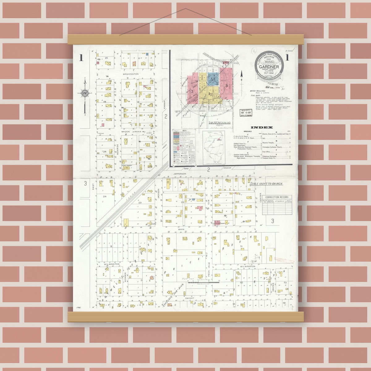 Old map wall art mockup — magnetic wood frame on brick wall — Sanborn Fire Insurance Map from Gardner, Grundy County, Illinois (1932) - Complete Map Set