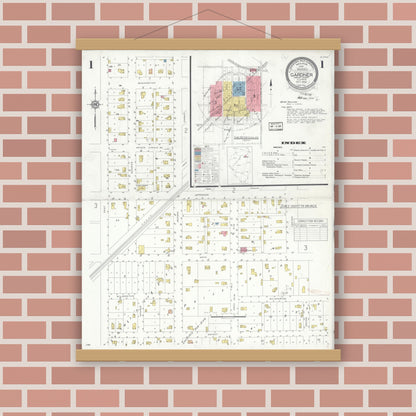 Old map wall art mockup — magnetic wood frame on brick wall — Sanborn Fire Insurance Map from Gardner, Grundy County, Illinois (1932) - Complete Map Set