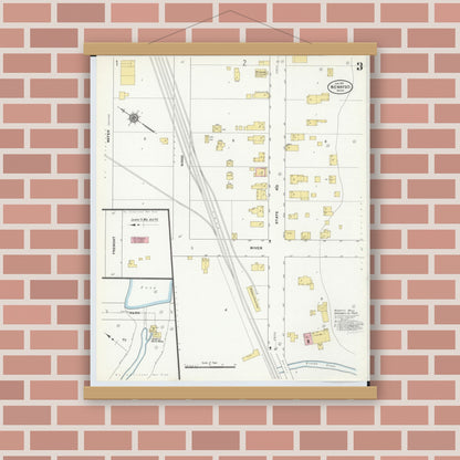 Old map wall art mockup — magnetic wood frame on brick wall — Sanborn Fire Insurance Map from Newaygo, Newaygo County, Michigan (1911), Sheet #0003