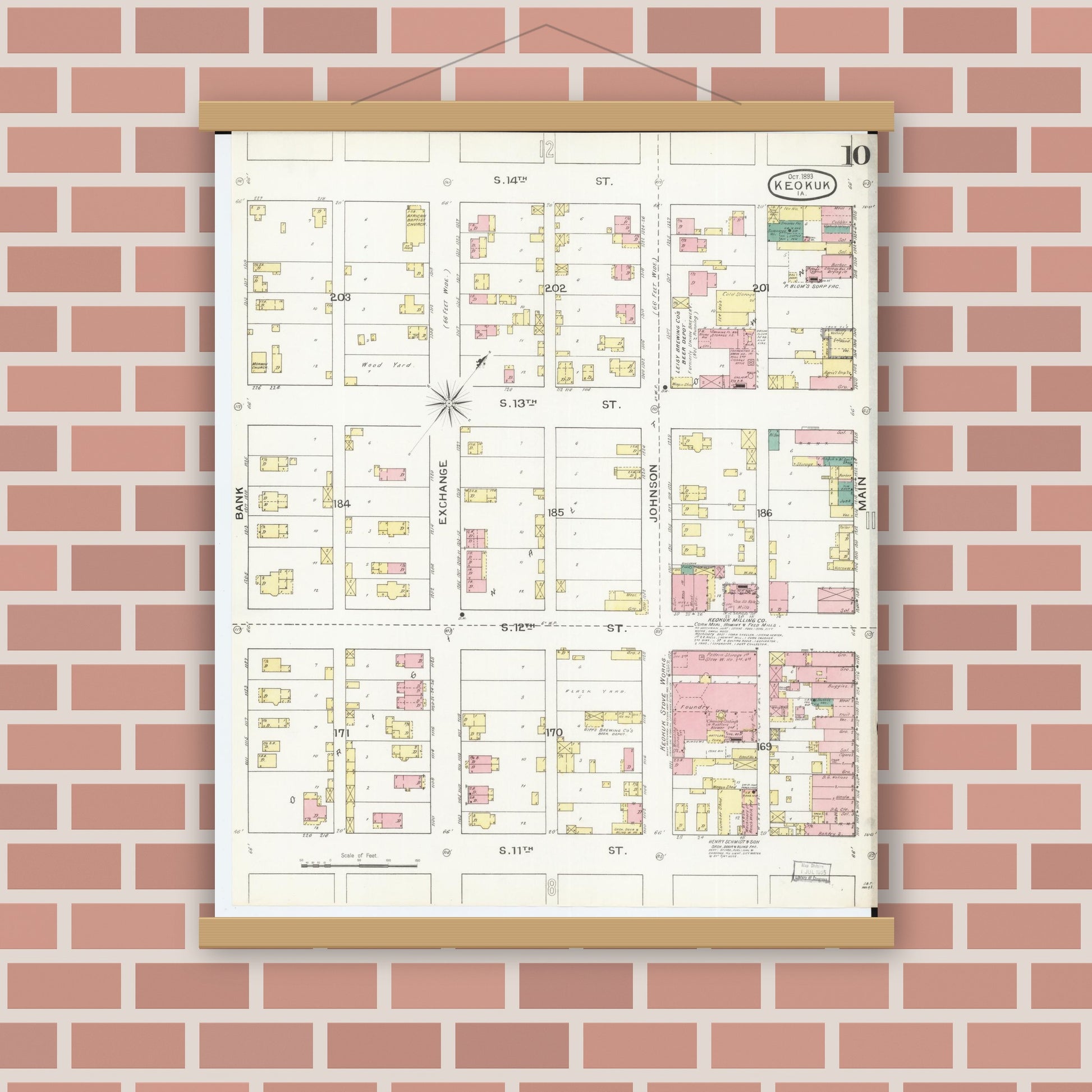 Old map wall art mockup — magnetic wood frame on brick wall — Sanborn Fire Insurance Map from Keokuk, Lee County, Iowa (1893), Sheet #0010