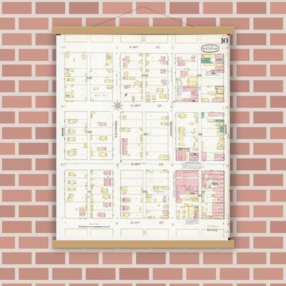 Old map wall art mockup — magnetic wood frame on brick wall — Sanborn Fire Insurance Map from Keokuk, Lee County, Iowa (1893), Sheet #0010