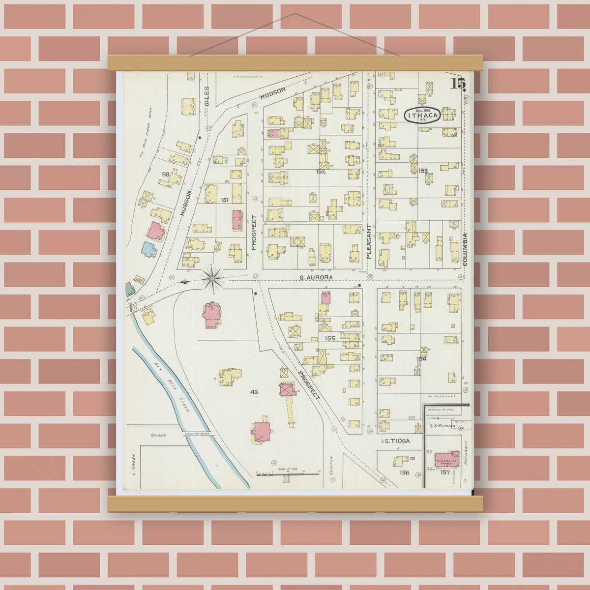 Old map wall art mockup — magnetic wood frame on brick wall — Sanborn Fire Insurance Map from Ithaca, Tompkins County, New York (1893), Sheet #0015