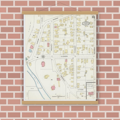 Old map wall art mockup — magnetic wood frame on brick wall — Sanborn Fire Insurance Map from Ithaca, Tompkins County, New York (1893), Sheet #0015