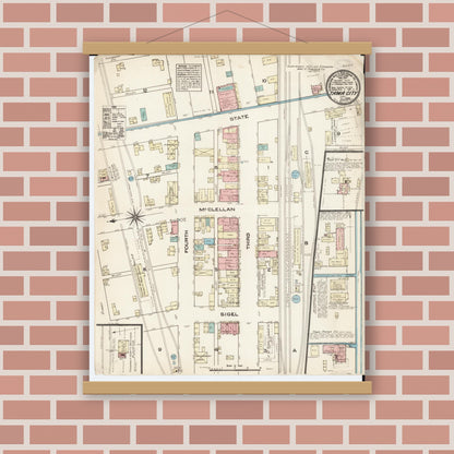 Old map wall art mockup — magnetic wood frame on brick wall — Sanborn Fire Insurance Map from Tama, Tama County, Iowa (1883), Sheet #0001