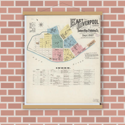 Old map wall art mockup — magnetic wood frame on brick wall — Sanborn Fire Insurance Map from East Liverpool, Columbiana County, Ohio (1887) - Complete Map Set