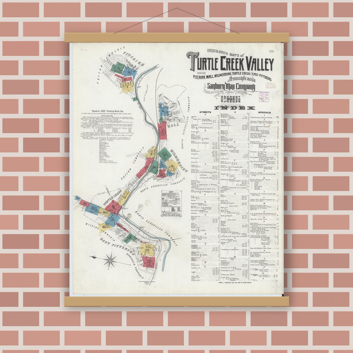 Old map wall art mockup — magnetic wood frame on brick wall — Sanborn Fire Insurance Map from Turtle Creek Valley, Allegheny County, Pennsylvania (1906) - Complete Map Set