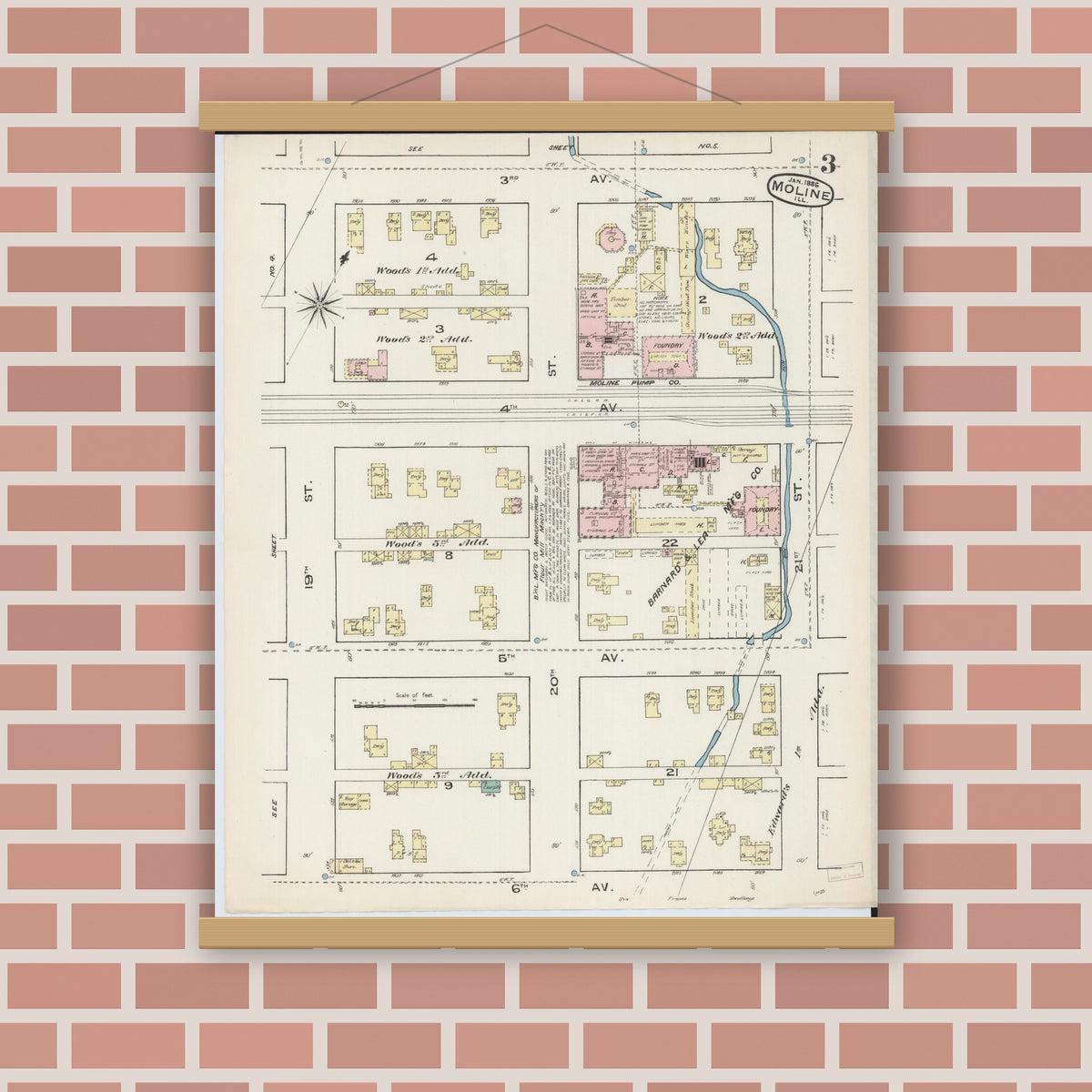 Old map wall art mockup — magnetic wood frame on brick wall — Sanborn Fire Insurance Map from Moline, Rock Island County, Illinois (1886), Sheet #0003