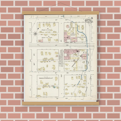 Old map wall art mockup — magnetic wood frame on brick wall — Sanborn Fire Insurance Map from Moline, Rock Island County, Illinois (1886), Sheet #0003