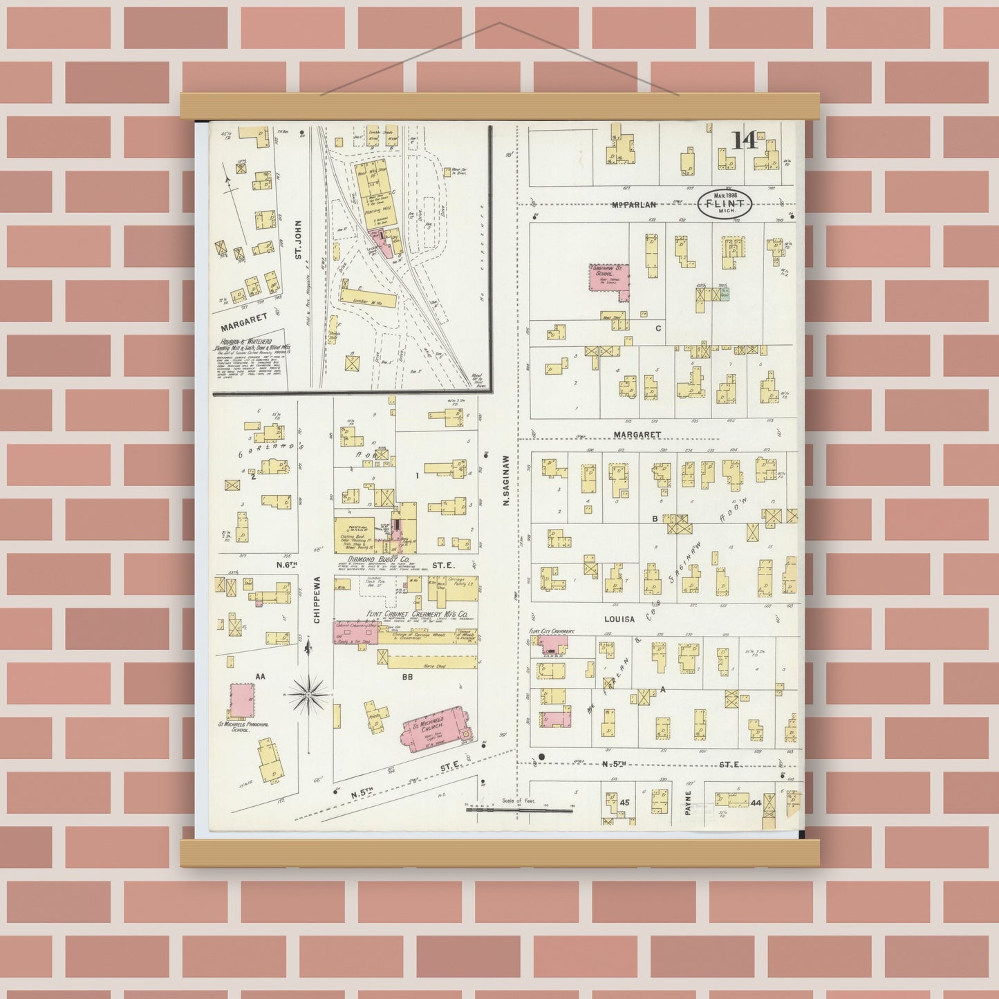 Old map wall art mockup — magnetic wood frame on brick wall — Sanborn Fire Insurance Map from Flint, Genesee County, Michigan (1898), Sheet #0014
