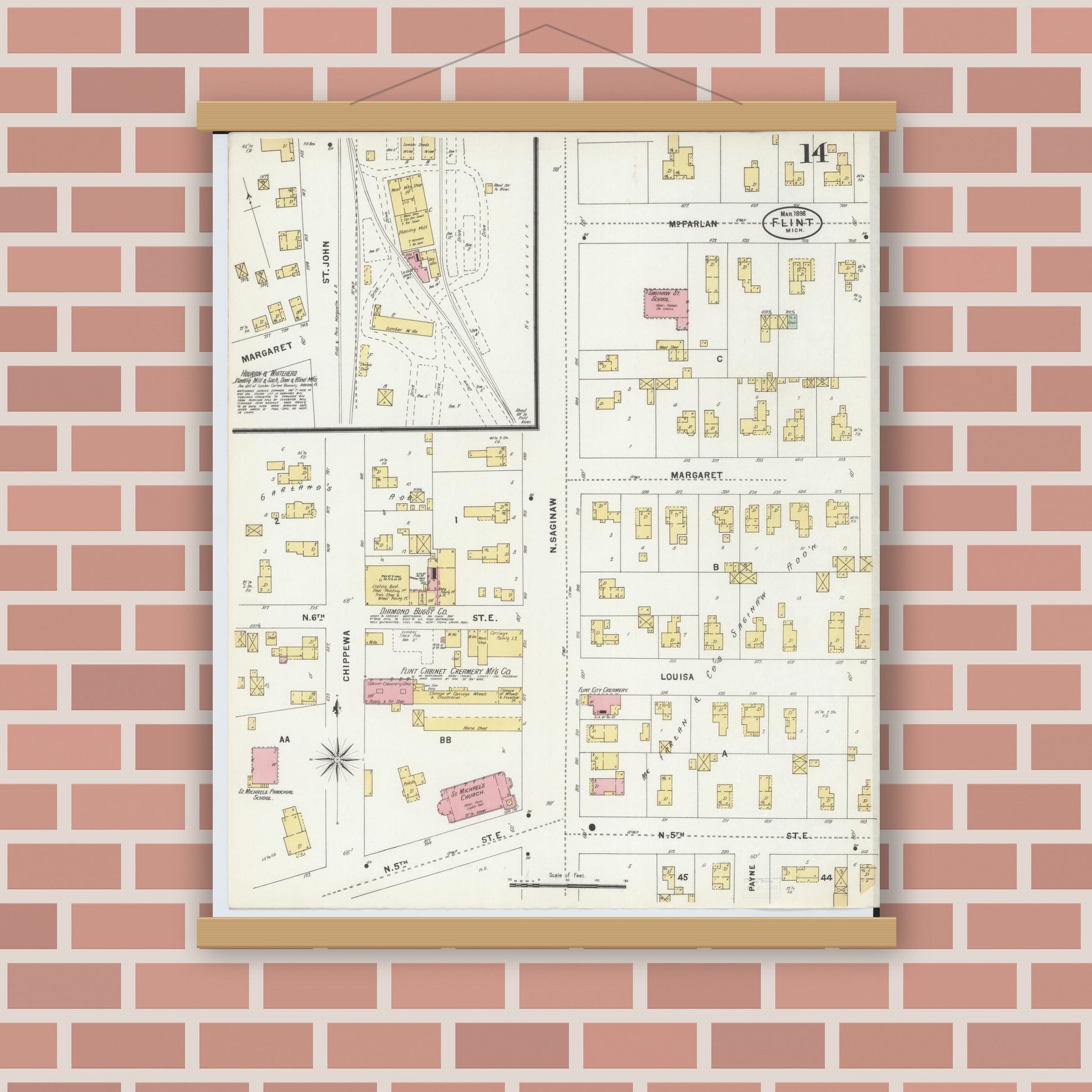 Old map wall art mockup — magnetic wood frame on brick wall — Sanborn Fire Insurance Map from Flint, Genesee County, Michigan (1898), Sheet #0014