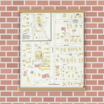 Old map wall art mockup — magnetic wood frame on brick wall — Sanborn Fire Insurance Map from Flint, Genesee County, Michigan (1898), Sheet #0014