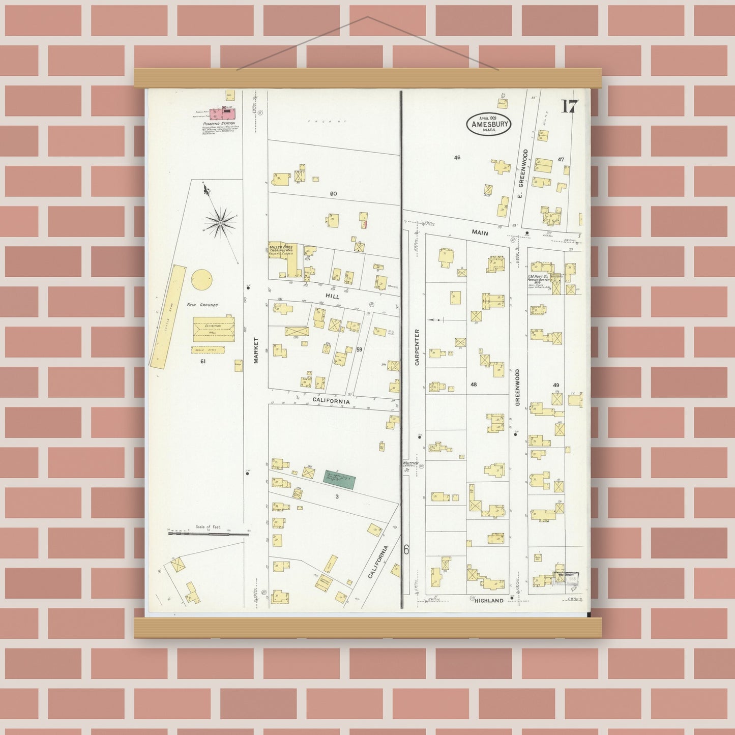 Old map wall art mockup — magnetic wood frame on brick wall — Sanborn Fire Insurance Map from Amesbury, Essex County, Massachusetts (1909), Sheet #0017