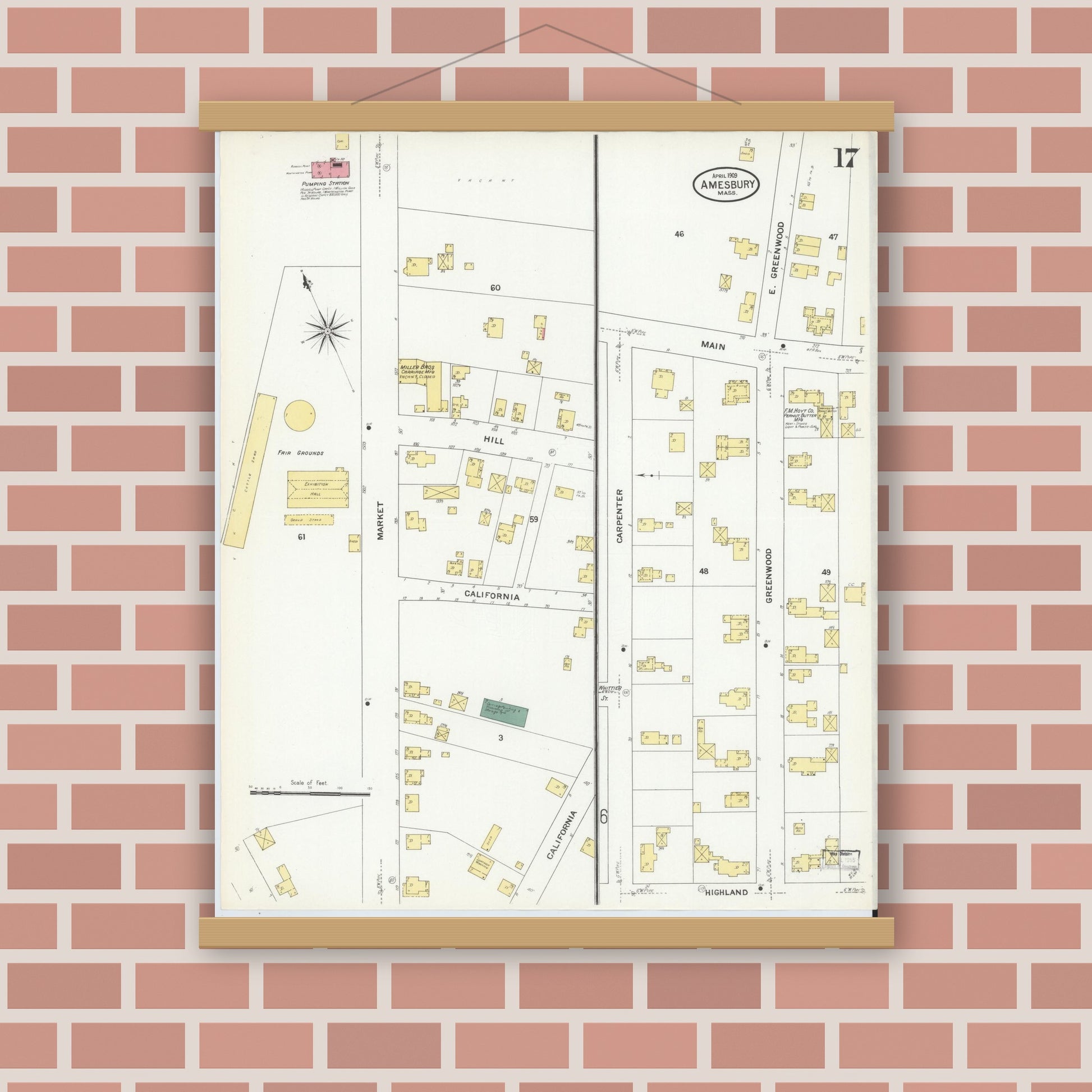 Old map wall art mockup — magnetic wood frame on brick wall — Sanborn Fire Insurance Map from Amesbury, Essex County, Massachusetts (1909), Sheet #0017