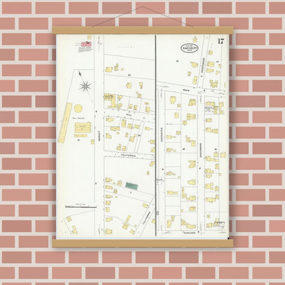 Old map wall art mockup — magnetic wood frame on brick wall — Sanborn Fire Insurance Map from Amesbury, Essex County, Massachusetts (1909), Sheet #0017