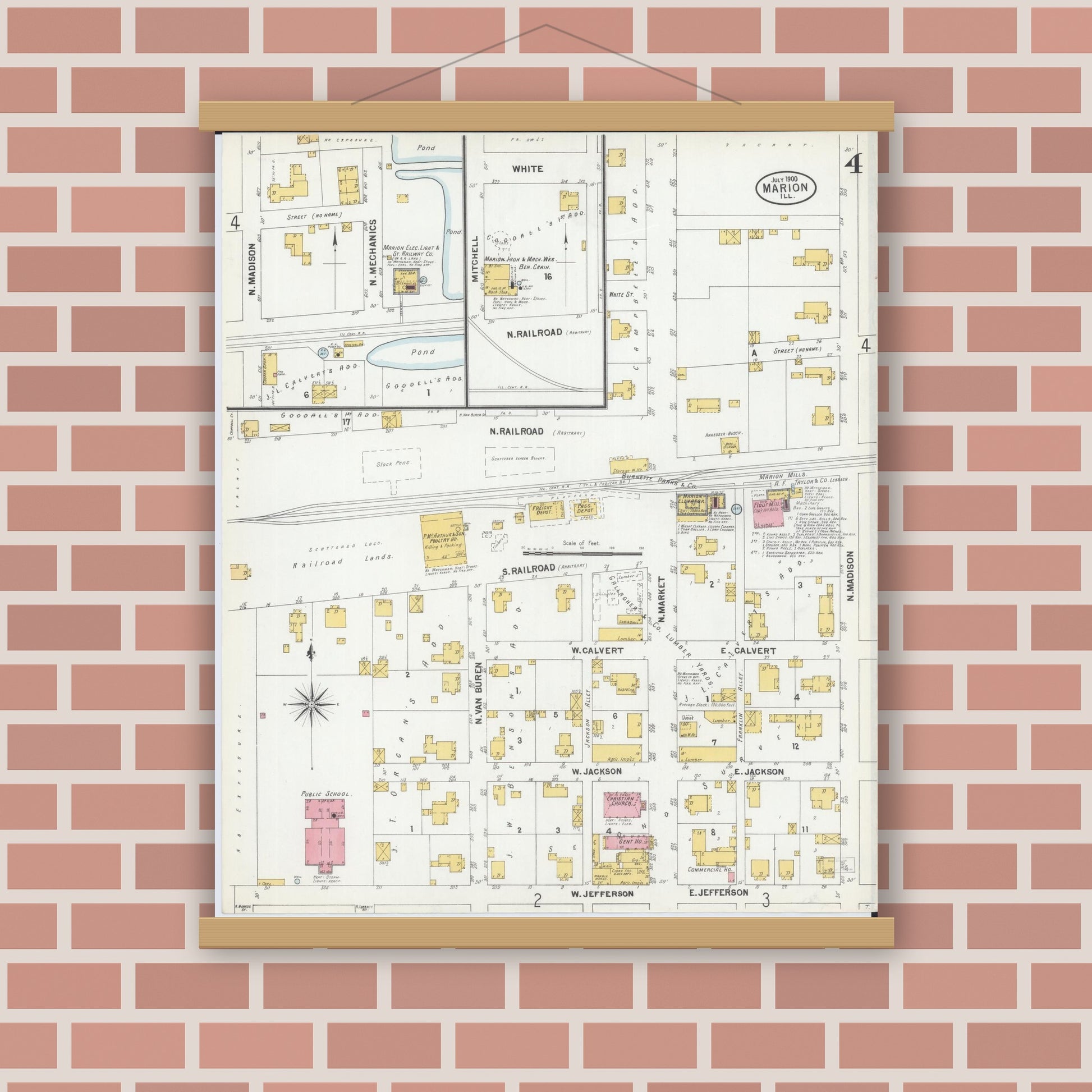 Old map wall art mockup — magnetic wood frame on brick wall — Sanborn Fire Insurance Map from Marion, Williamson County, Illinois (1900), Sheet #0006