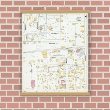 Old map wall art mockup — magnetic wood frame on brick wall — Sanborn Fire Insurance Map from Marion, Williamson County, Illinois (1900), Sheet #0006