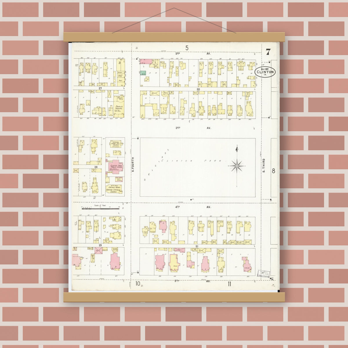 Old map wall art mockup — magnetic wood frame on brick wall — Sanborn Fire Insurance Map from Clinton, Clinton County, Iowa (1897), Sheet #0007