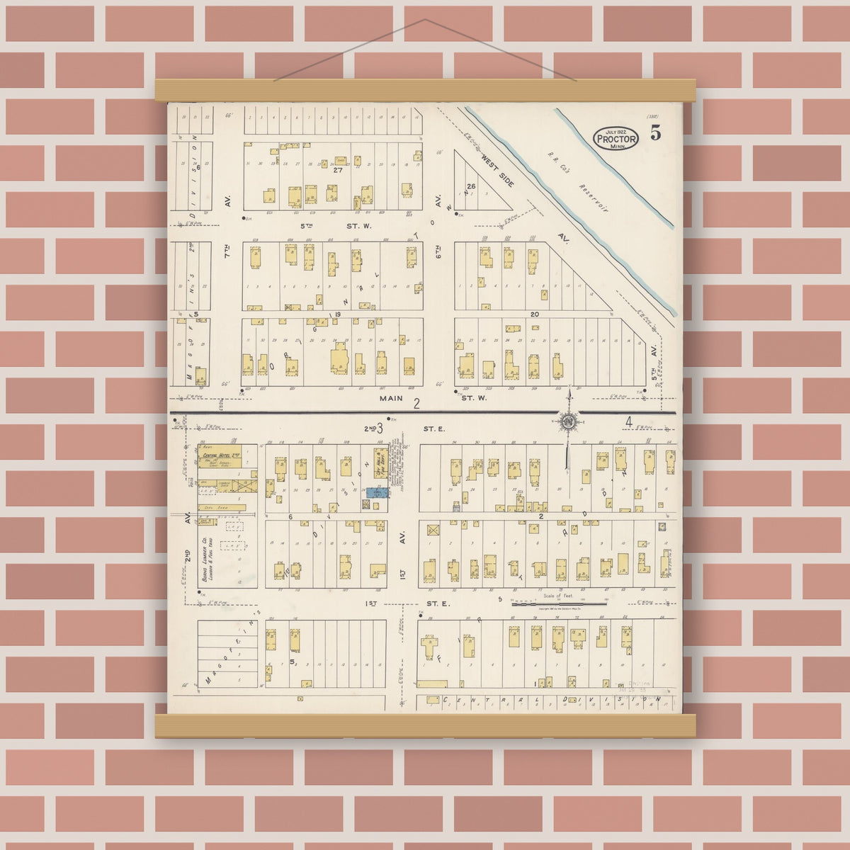 Old map wall art mockup — magnetic wood frame on brick wall — Sanborn Fire Insurance Map from Proctor, Saint Louis County, Minnesota (1922), Sheet #0005