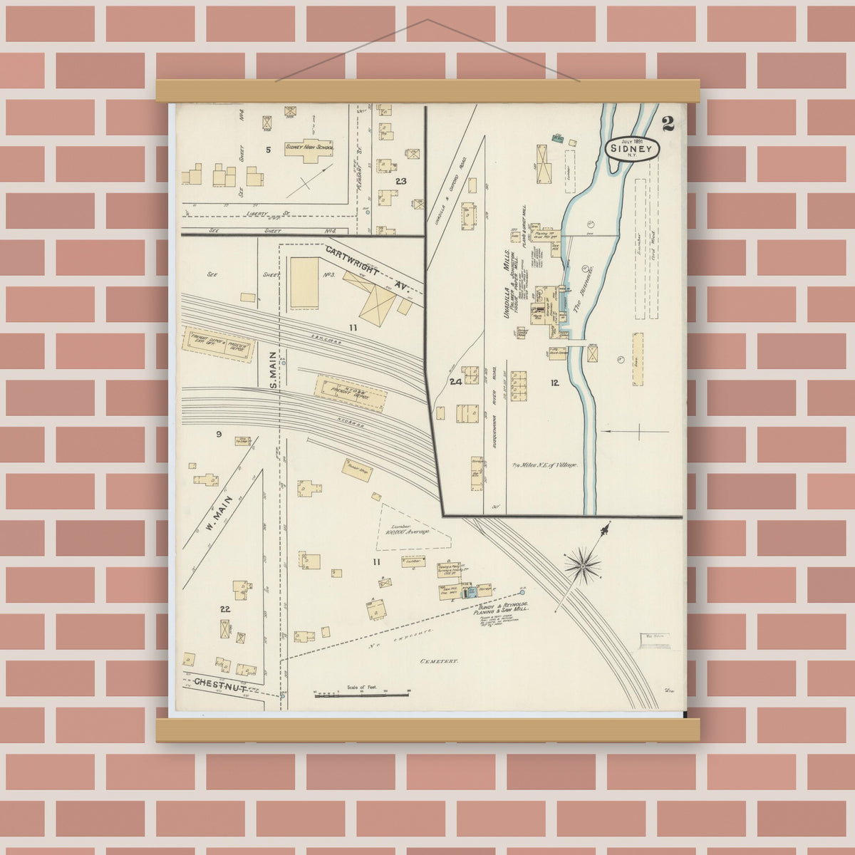 Old map wall art mockup — magnetic wood frame on brick wall — Sanborn Fire Insurance Map from Sidney, Delaware County, New York (1891), Sheet #0002