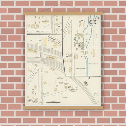 Old map wall art mockup — magnetic wood frame on brick wall — Sanborn Fire Insurance Map from Sidney, Delaware County, New York (1891), Sheet #0002