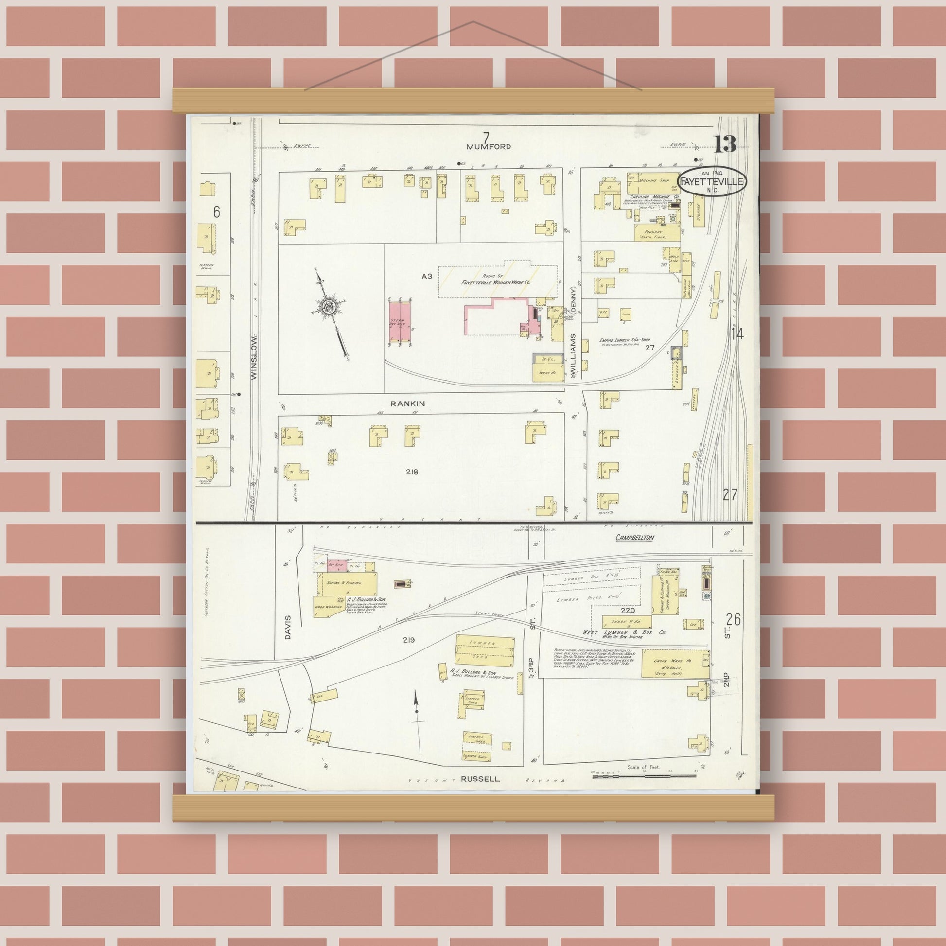 Old map wall art mockup — magnetic wood frame on brick wall — Sanborn Fire Insurance Map from Fayetteville, Cumberland County, North Carolina (1914), Sheet #0013