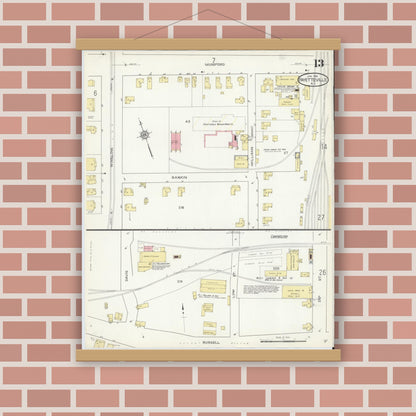 Old map wall art mockup — magnetic wood frame on brick wall — Sanborn Fire Insurance Map from Fayetteville, Cumberland County, North Carolina (1914), Sheet #0013