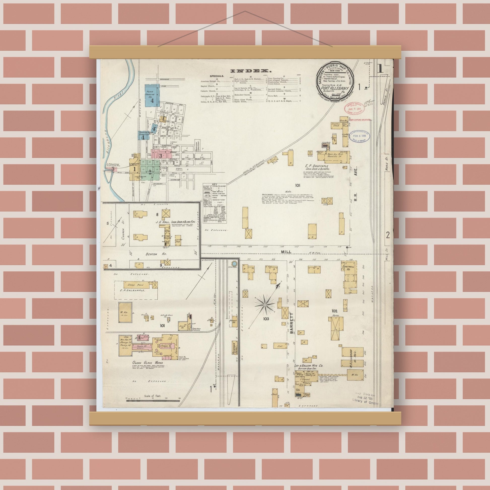 Old map wall art mockup — magnetic wood frame on brick wall — Sanborn Fire Insurance Map from Port Allegany, McKean County, Pennsylvania (1897) - Complete Map Set