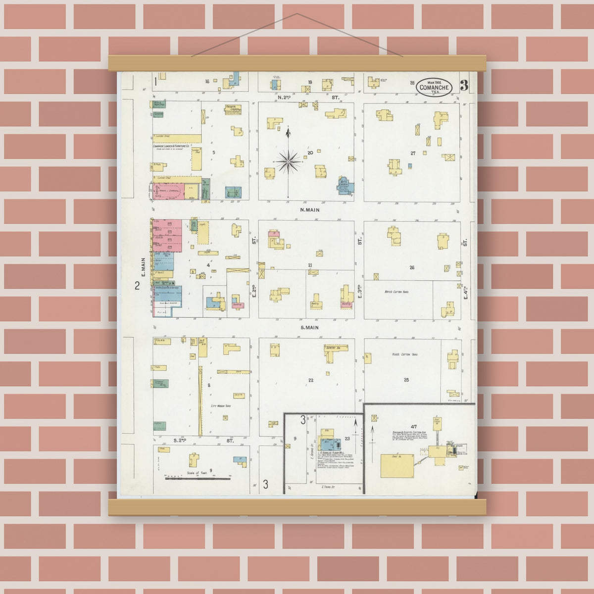 Old map wall art mockup — magnetic wood frame on brick wall — Sanborn Fire Insurance Map from Comanche, Comanche County, Texas (1902), Sheet #0003